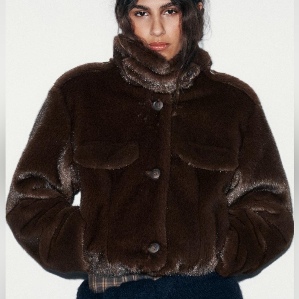 Zara Brown Faux Fur Jacket - Picture 3 of 3